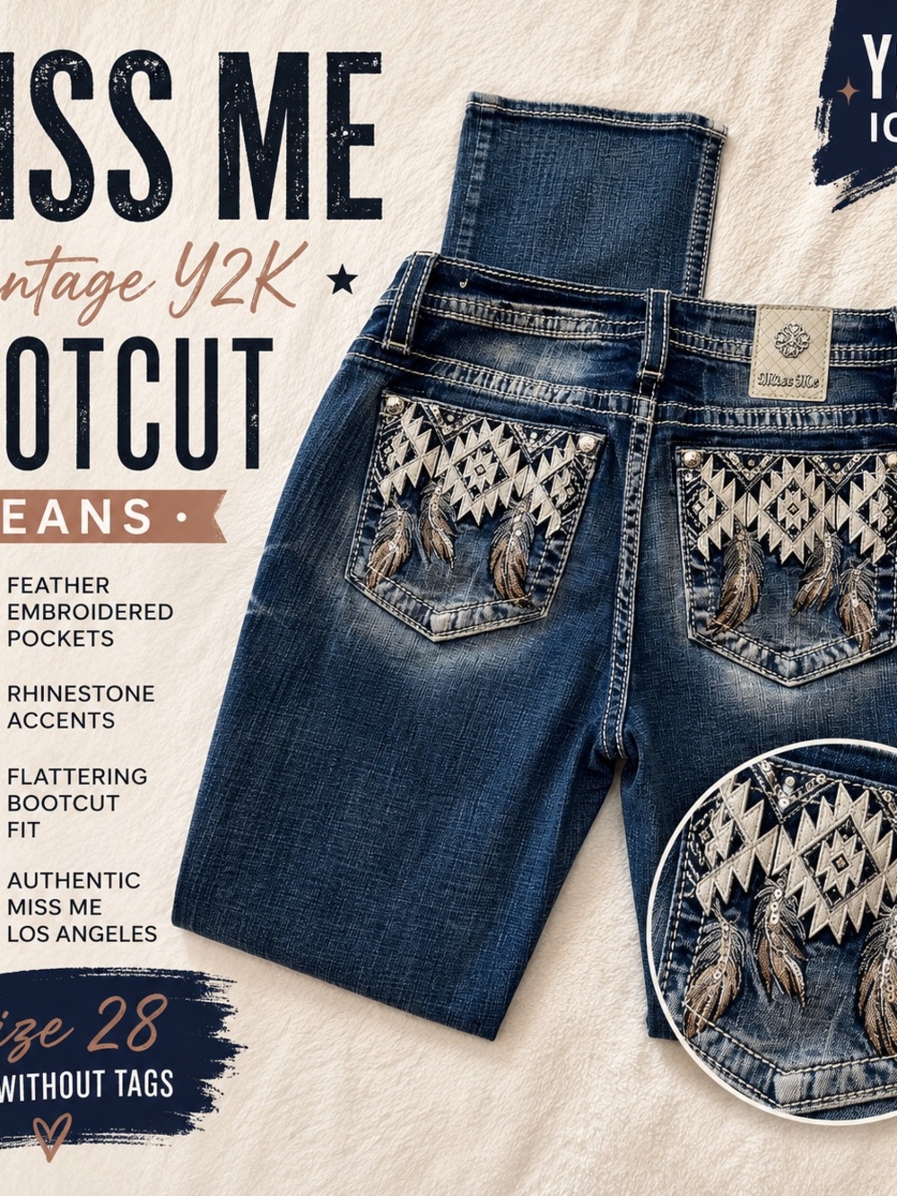 Miss Me Y2K Authentic NWT Size 28 Mid-rise Jeans Southwestern Feather Emvelished